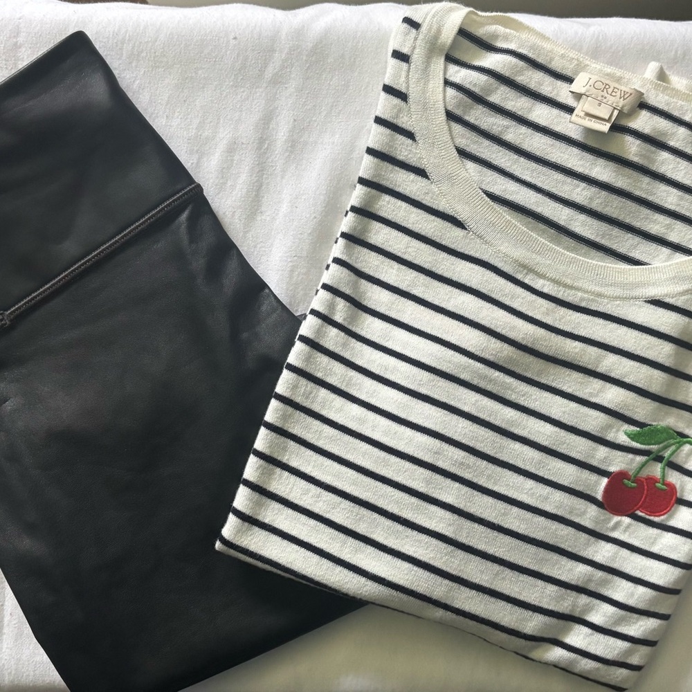 J. Crew Navy and White Striped Crewneck Top with Cherry Patch